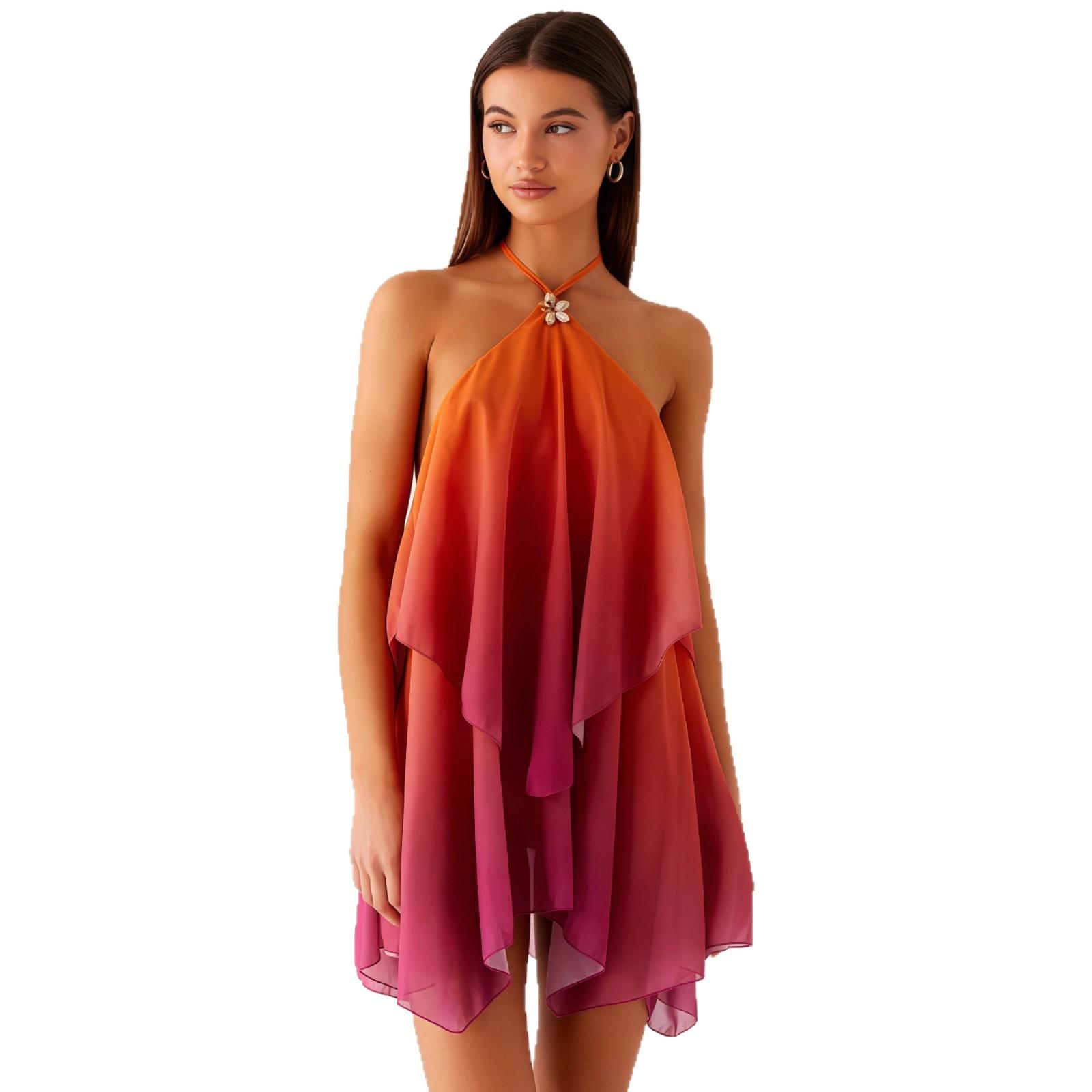 

Women s Orange to Magenta Gradient Halter Neck Dress with Pendant Decor, Asymmetric Hem S