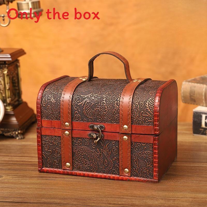 Retro Dragon Pattern Wooden Storage Box With Metal Lock For Storage Desktop