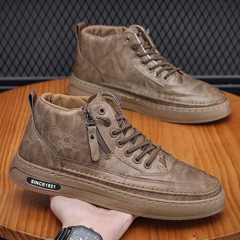 Fashion Leather High-top Board Shoes Soft Leather Lace-up Casual Sneakers Lightweight Boots Comfortable Wearable Shoes Sneakers