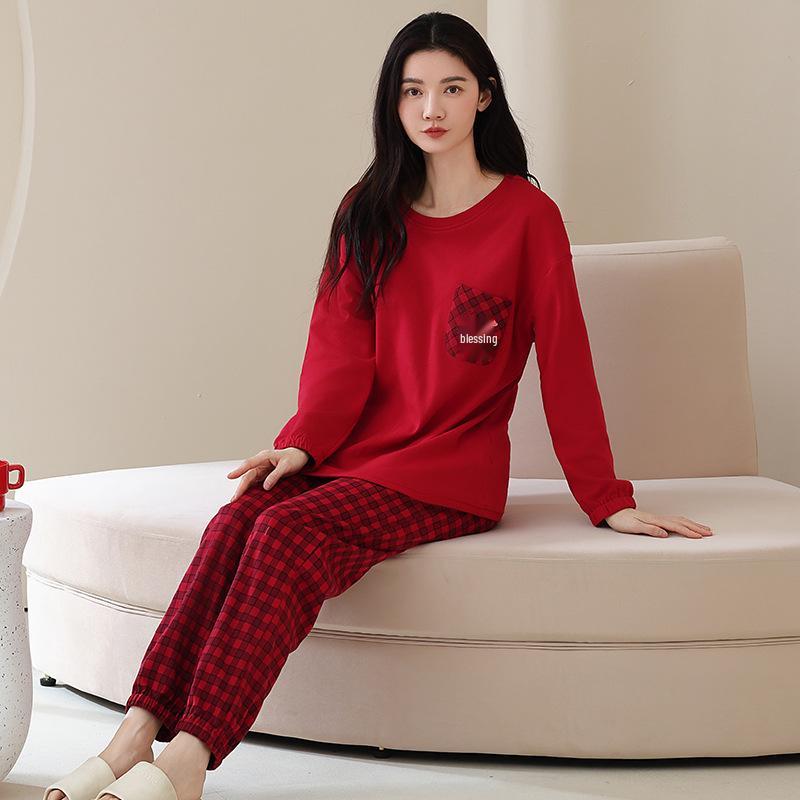Ensemble de Pyjama pour Femme 100% Coton – Respirant, Absorbant la Sueur, Manches Longues Col Rond pour Porter à l'Intérieur et à l'Extérieur (Automne hiver)
