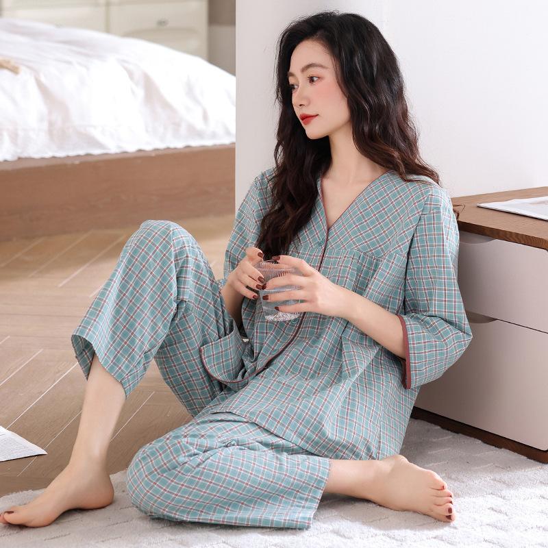 Pajamas women's summer woven pure cotton seven-quarter sleeve gauze cotton thin middle-aged mother spring and autumn loungewear suit