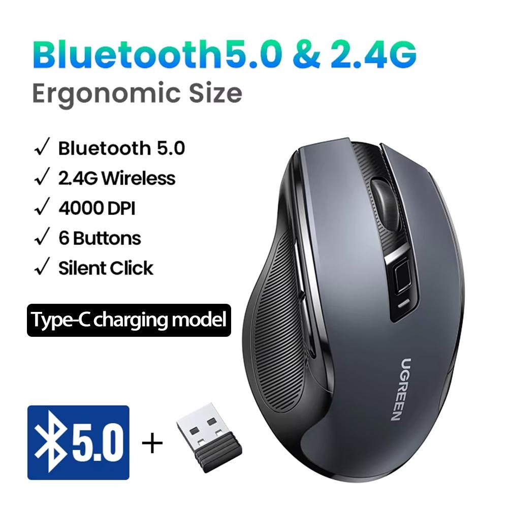 Ugreen Wireless Bluetooth Dual-mode Mouse, Office Light Sound, Suitable for Apple, Huawei, Laptop, iPad, Ergonomic Mouse