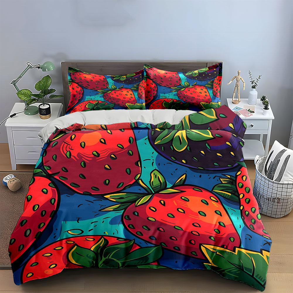3Pcs Bold Outline Red Strawberry Duvet Cover Set Teal Background Fruit Kids Bedding with 1 Duvet Cover 2 Pillowcases Gift