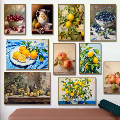 Pintura al óleo sobre lienzo Naturaleza muerta de manzano y limonero Póster Estampado de frutas vintage, Botánico Neutro Antiguo Arte de pared para cocina Decoración del hogar