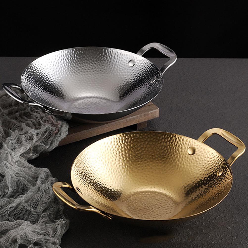 1pc Hammered Texture Dry Stainless Steel Thickened Cooking Pan Double Handle For Hot Seafood Ramen Korean Pots Kitchen Cookware argento
