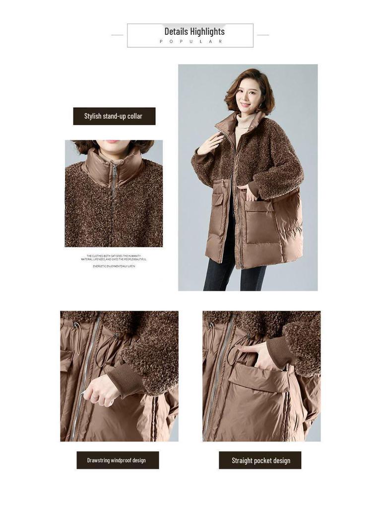 Women's Mid-Length Winter Lamb Wool & Cotton-Blend Jacket - Loose, Plus Size for Middle-Aged Women