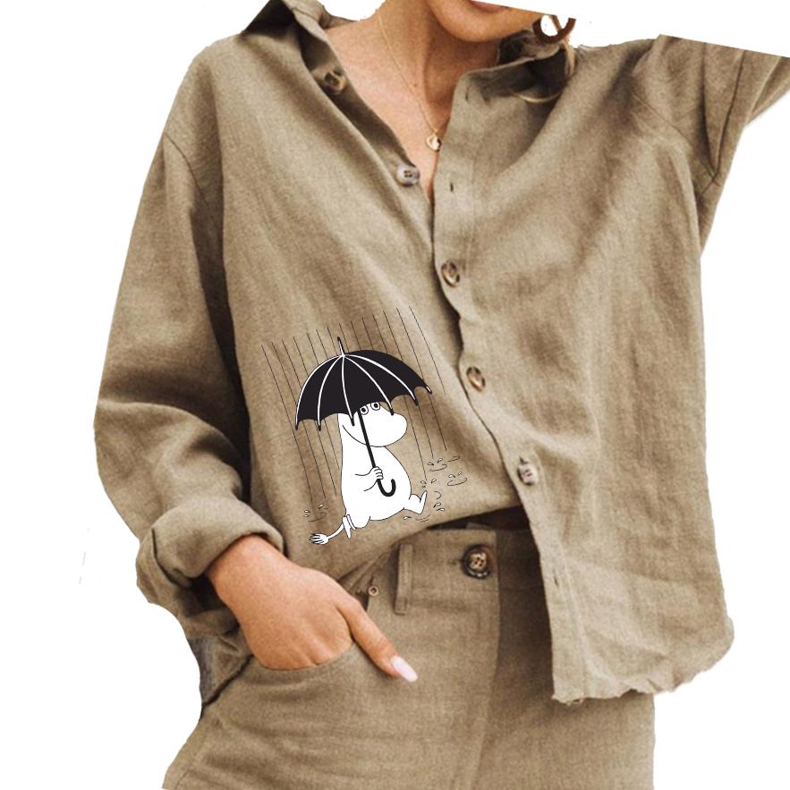 

Женская мода хлопок льняная рубашка повседневная кошачий принт блузка женская отложной воротник рубашка на пуговицах 3XL хаки