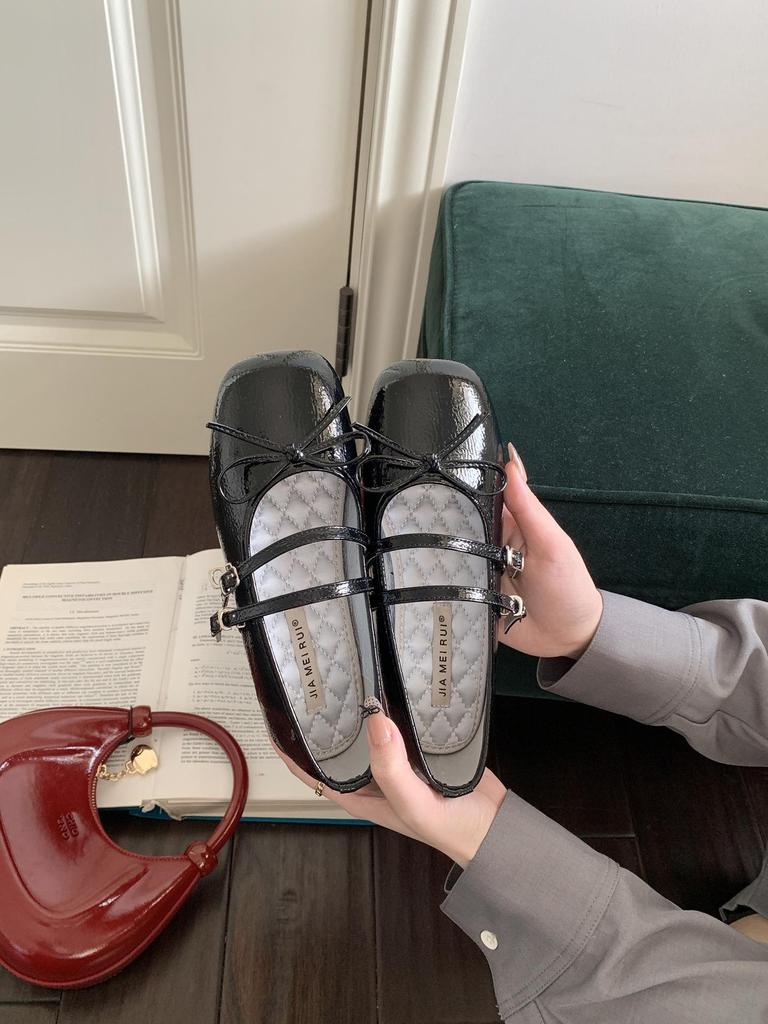 In Stock Rockfish Patent Leather Mary Jane Ballet Flats with Double Strap Bow - Women's Round Toe Low-Cut Shoes
