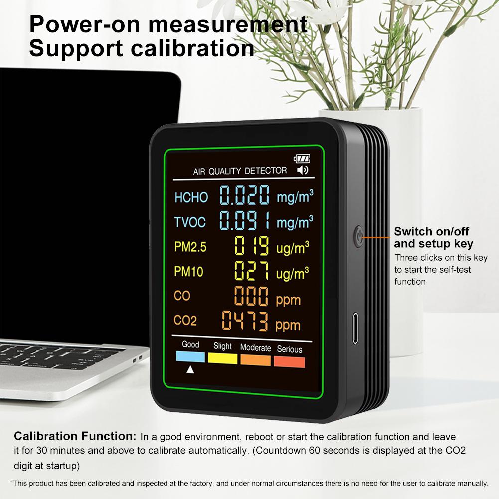 6 In 1 Air Quality Monitor PM2.5 PM10 TVOC CO2 CO Meter Formaldehyde Detector CO2 Sensor Multifunctional Air Quality Detector