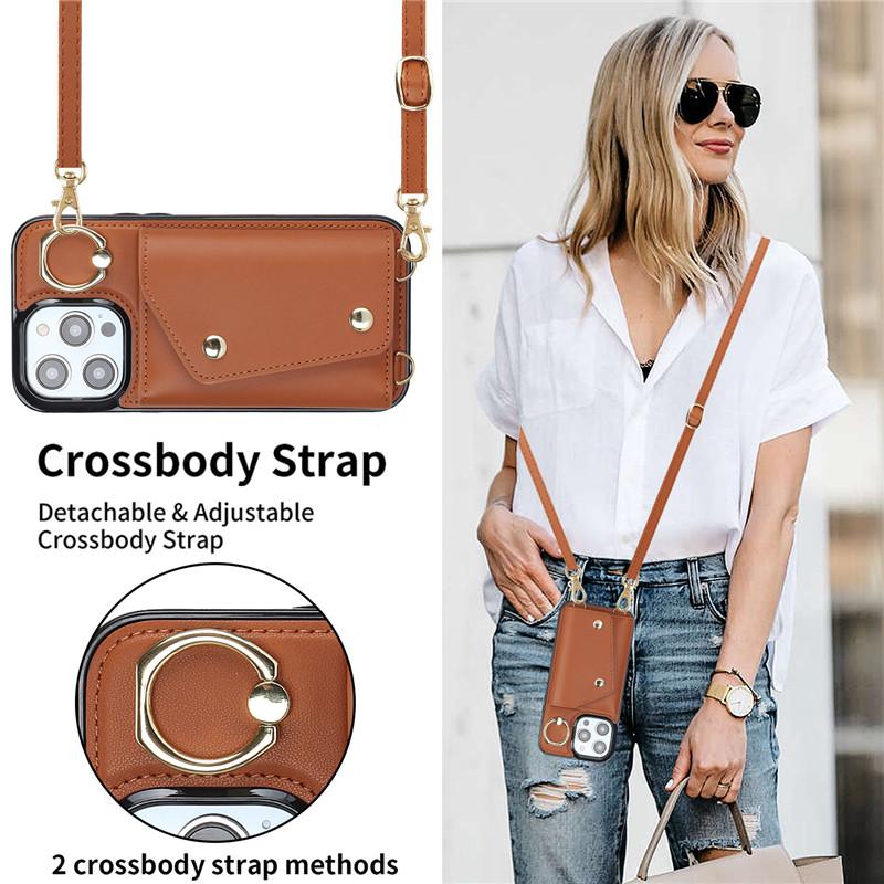 Lanyard Leather Wallet Card Phone Case for iPhone 15 14 Plus 13 12 11 for Samsung Galaxy S23 Ultra S22 Plus S21 FE A54 A14 Note 20 Crossbody FlipCover