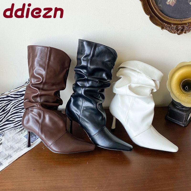Fashion Fashion Pleated Ladies Modern Boots Shoes Thin Heels Footwear Pointed Toe Women Short Boots Female Slip On Shoes Pumps