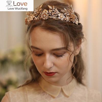 Goldfarbene Blatt-Tiara, Hochzeit Haarkrone, Blumen-Brauthaarband, handgefertigt, Kopfschmuck, Frauen, Party, Abschlussball, Haar-Diaras