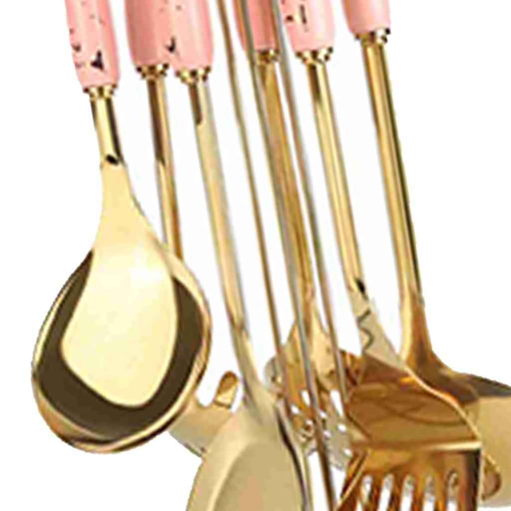7PCS Stainless Steel Cooking Utensils Set Ceramic Handle Kitchen Spatulas Spoons Set Pink and Gold