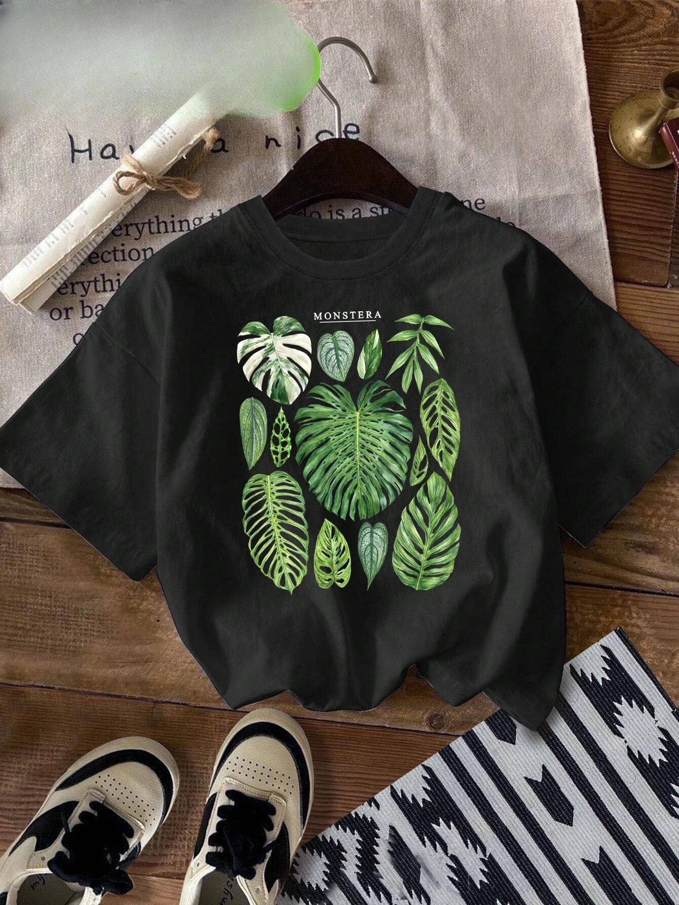 

Womens Short Sleeve Crew Neck TShirt Monstera Philodendron Tropical Leaf Print Casual Fashion Tee for Summer Ladies TShirts S