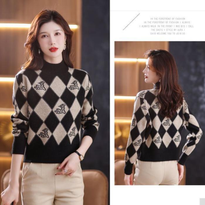 Fall/Winter Vintage Jacquard Sweater Women High Neck Knit Sweater Short Thick Loose Print Knitwear Top Jumper