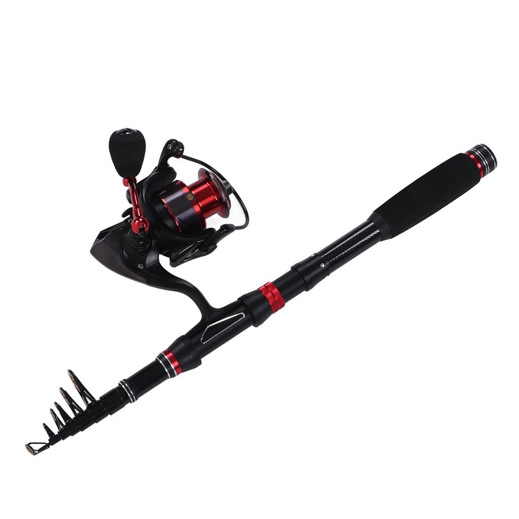 Fishing Rod Set Black Red Carbon Telescopic Fishing Rod GA3000 Spinning Reel with Line Bait Hooks for Saltwater