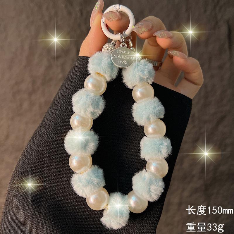 Autunno Inverno Peluche Cordoncino per Telefono Moda Perla Pompon Perline Catena Pendente per Telefono Corto da Polso Catena Portatile