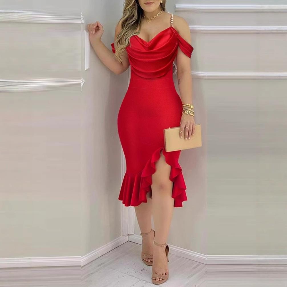 New pearl chain decorative fake two-piece swing neck dress