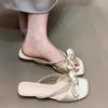 Fashion summer French retro bow open-toed slippers women's rhinestone sweet cool slippers low heel versatile one-word drag