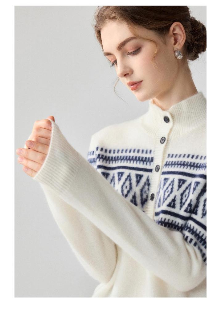 Women's Ethnic Style Fair Isle Jacquard Cashmere Half-Zip Sweater - Loose, Thick Winter Knit Top