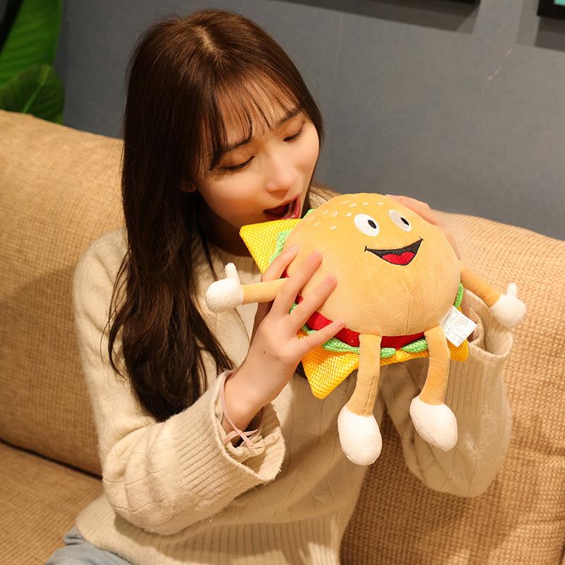 30Cm Happy Cheeseburger Hamburger Plush Pillow Stuffed Human Figured Food Sofa Chair Round Cushion Back Support Plushie Gift