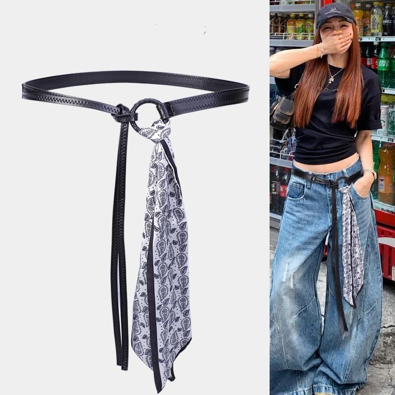 1PC Silk Scarf Belt Accessories Women's Ribbon Belt Chain Belt Hip Hop Punk Vintage American Decor with Jeans Belt Red