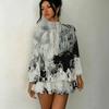 Women's 3D Neon Swirl Marbling Print Mock Neck Long Sleeve Dress, Raglan Sleeve Fake Two Piece Mini Dress