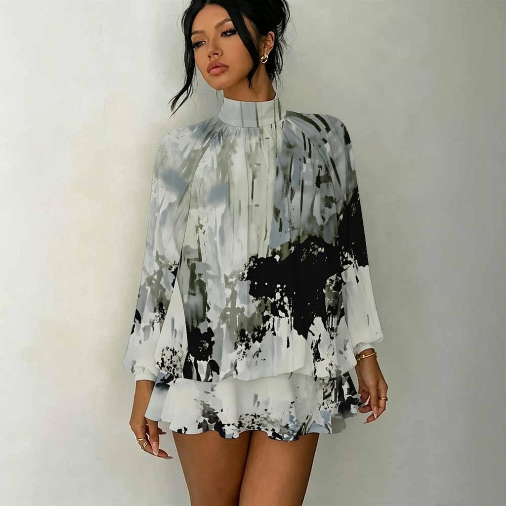 Women's 3D Neon Swirl Marbling Print Mock Neck Long Sleeve Dress, Raglan Sleeve Fake Two Piece Mini Dress