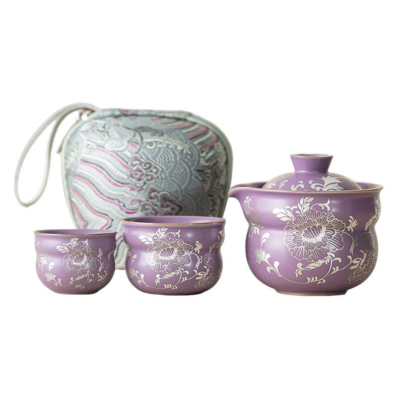 Gilded Silver Peony Wrapped Lotus Gourd Travel Tea Set Purple Ru Kiln Can Raise Ceramic Kuaike Cup Outdoor Camping Tea Gifts