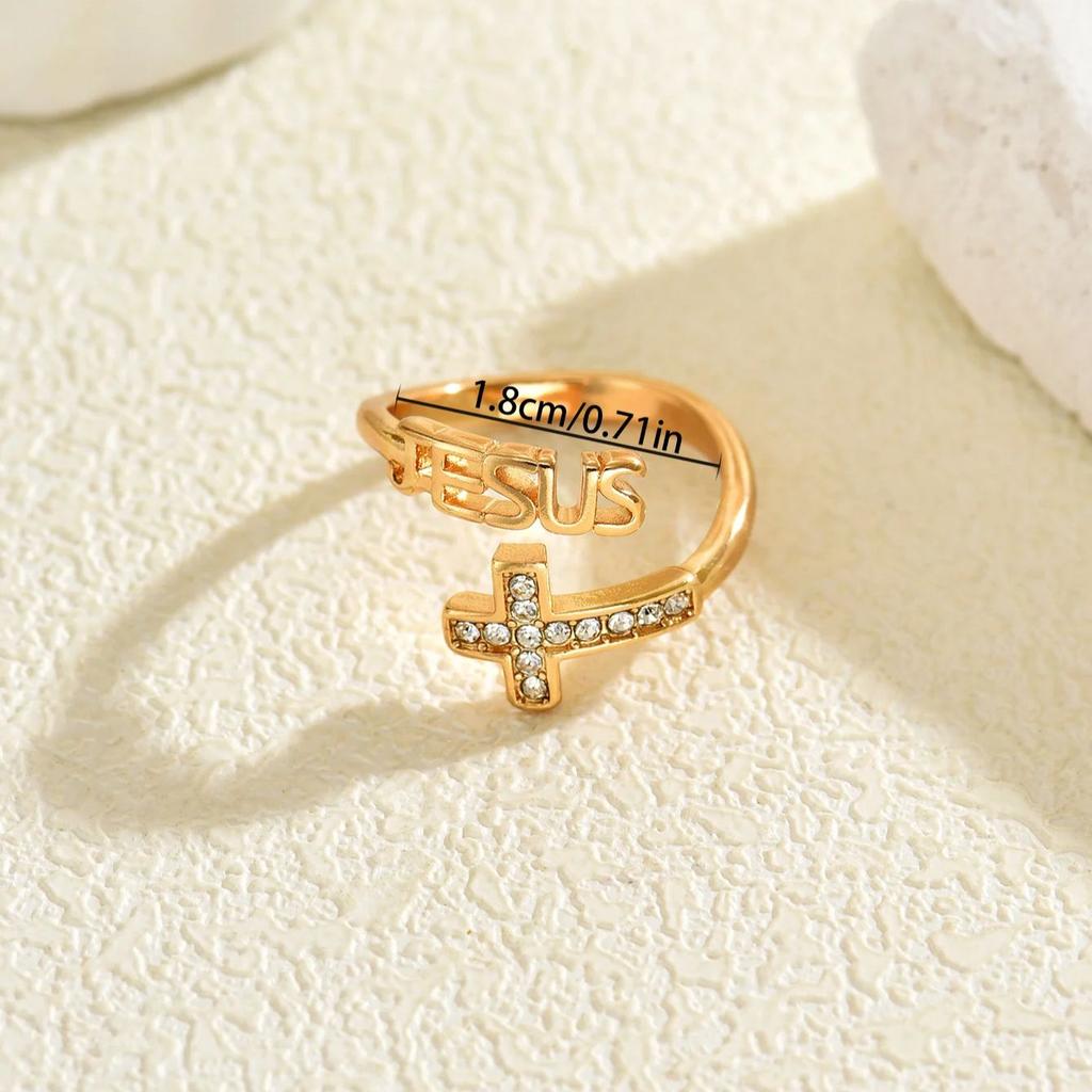 Dainty Gold Color JESUS Cross Ring Sparkling CZ Christian Open Band Ring Inspirational Religious Jewelry for Women Easter Gift