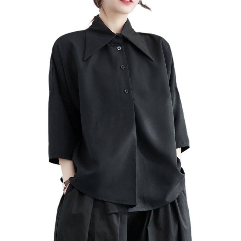 Women's Black Loose-Fit Irregular Top with Three-Quarter Sleeves