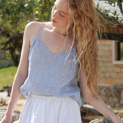 Suspender French Lazy Feeling Sky Blue Striped Vest Women V-neck Loose Sleeveless Tops Summer