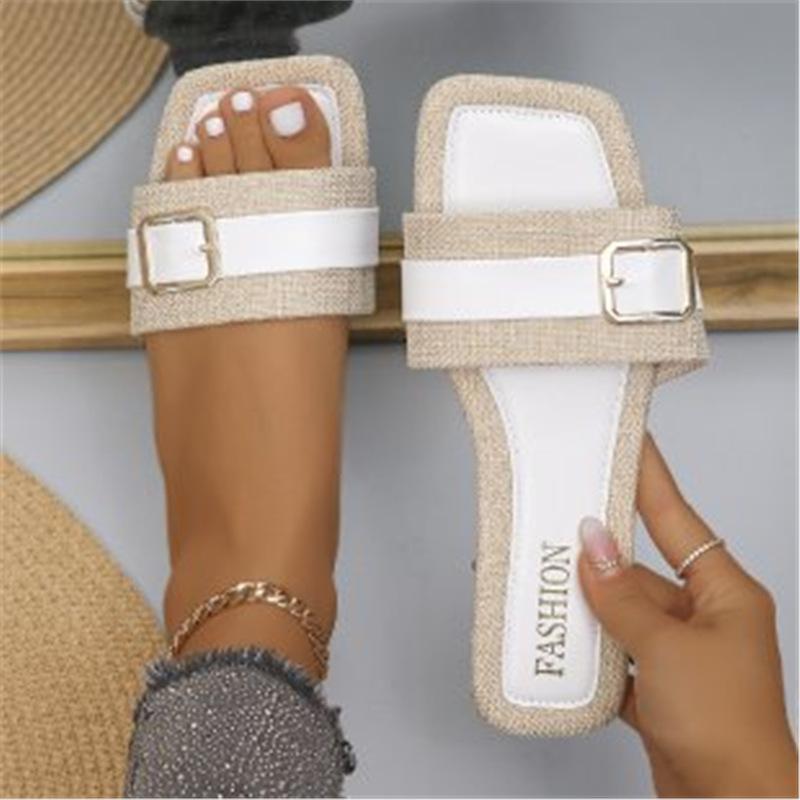 European and American Large-size Metal Buckle Flat Bottom Square Head One-word Slippers, Wearing Versatile Open-toed Dongmen Retro Cool Slippers Women