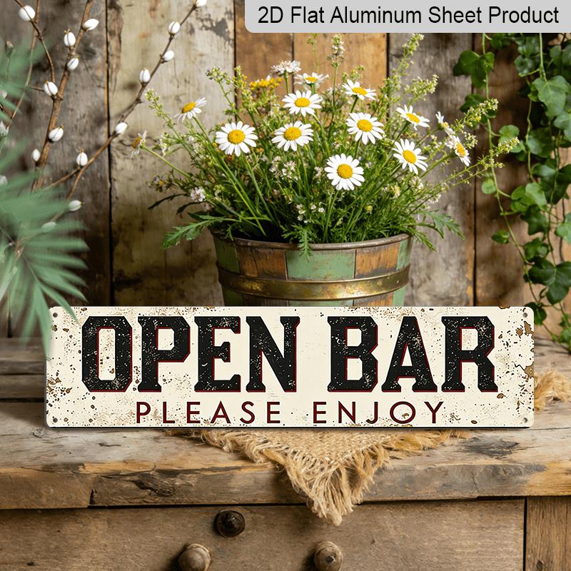 

Vintage 2D Flat Aluminum Sign, 1pc - Rustic Wall Art 4x16 Inches (10x40cm) with Distressed Red and White Letters, Open Bar Enjoy Please Sign for 40cm x 10cm