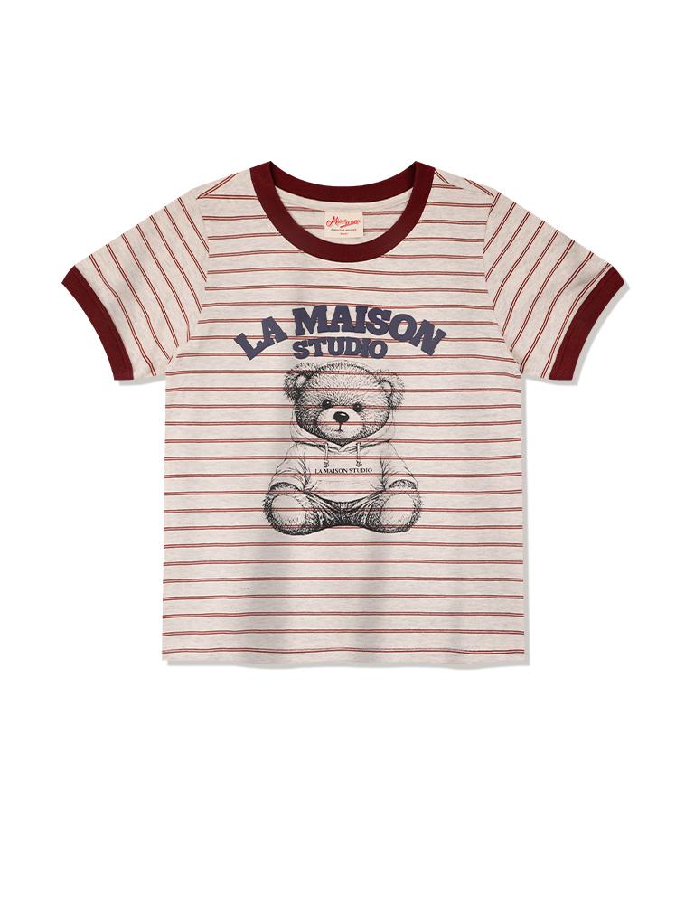 LA MAISON STUDIO Maison Bear Friends Stripe Ringer Short Sleeve Deepred(Fcg2Ts763W)