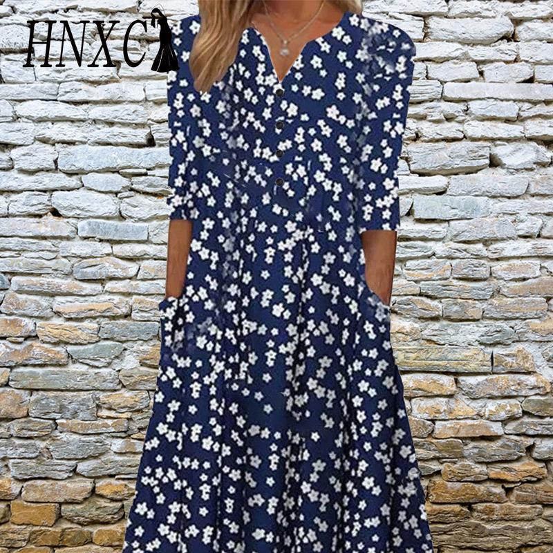 

HNXC Элегантные женские платья V-образный вырез короткий рукав пуговицы вечернее платье женское летнее винтажное платье с принтом повседневное свободное цветочное женское платье XXXL