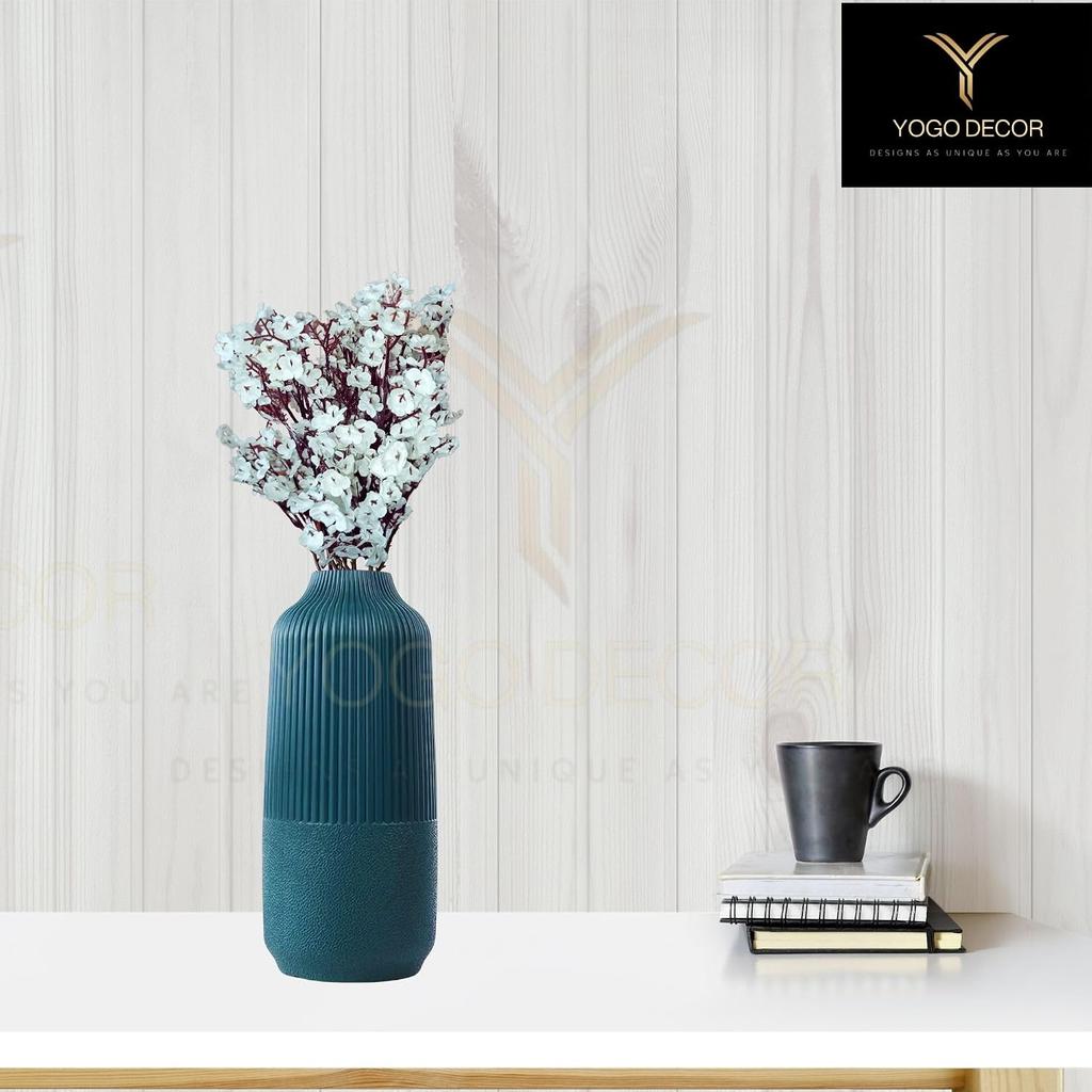 Twilight Vase With Artificial Cherry Blossom Flower, White & Dark Green Color