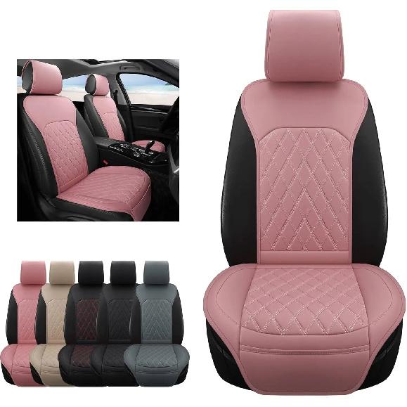 Universal Front Leather Car Seat Covers Pink 2 Pcs, Anti-Slip Waterproof Auto Driver Cushions Fit SUV Pickup Van Sedan