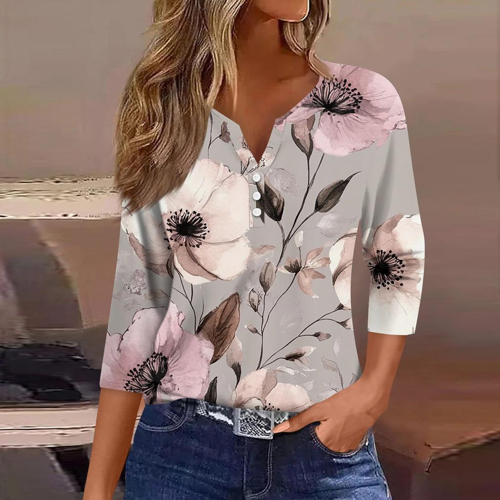 Women's T Shirt Tee Print Button 3/4 Sleeve Daily Weekend Fashion Basic V Neck Regular Top