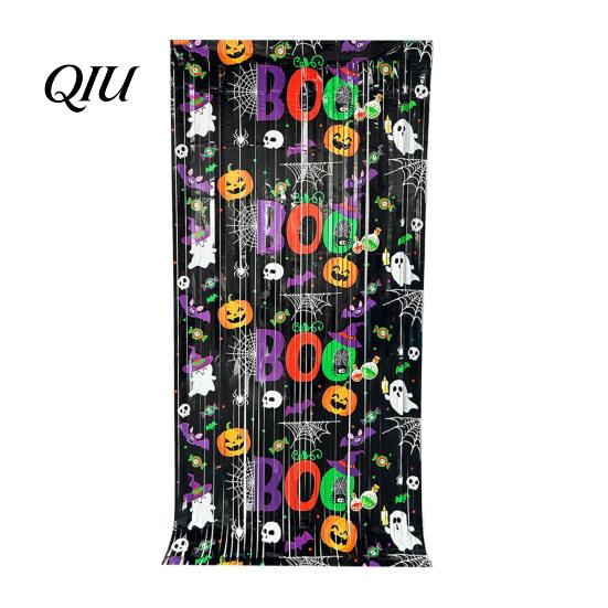 Halloween Backdrop Curtain Foil Fringe for Halloween, Orange Purple Black Background Shiny Tinsel Photo Booth Props, Pumpkin Ghost Bat Party