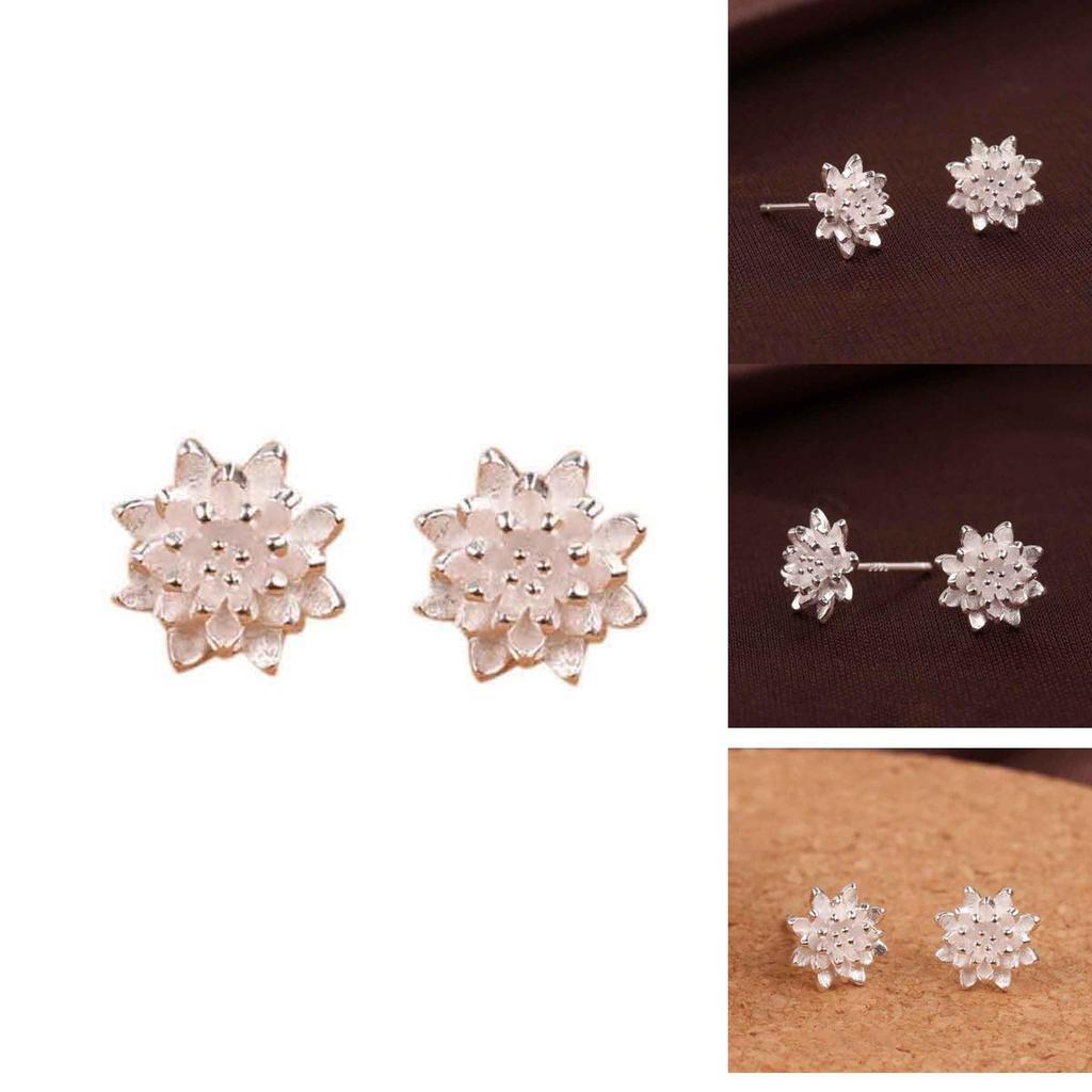 Charming Silver Plated Lotus Flower Ear Stud Earrings For Trendy Womens Fashion Jewelry