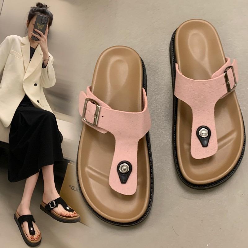 Thick Soled, Slipper, Summer, Outerwear, Toe Clip, Flat Strap, Adjustable, Square Buckle, Thick Soled Slipper, Flip Flops