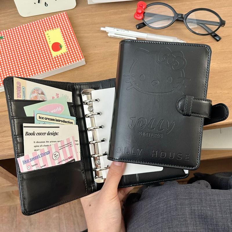 Kawaii Kitty A7 Retro Small Notebook Black Faux Leather Binder Portable Diary Set With Card Holder Student Stationery Supplies
