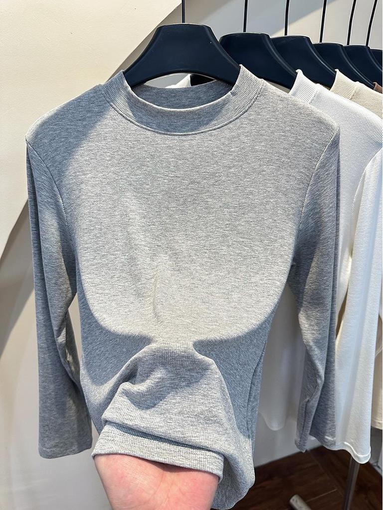 Trendy Women's Ribbed Cotton Stand-Up Collar Long Sleeve Base Shirt for Spring 2025