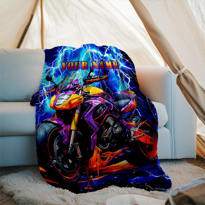 1PC Custom Name Electric Motorcycle Thunder outdooor Flannel blankets Patterns Throw Blanket All-Season Soft Gift for Couch, Bed, Camping gifts