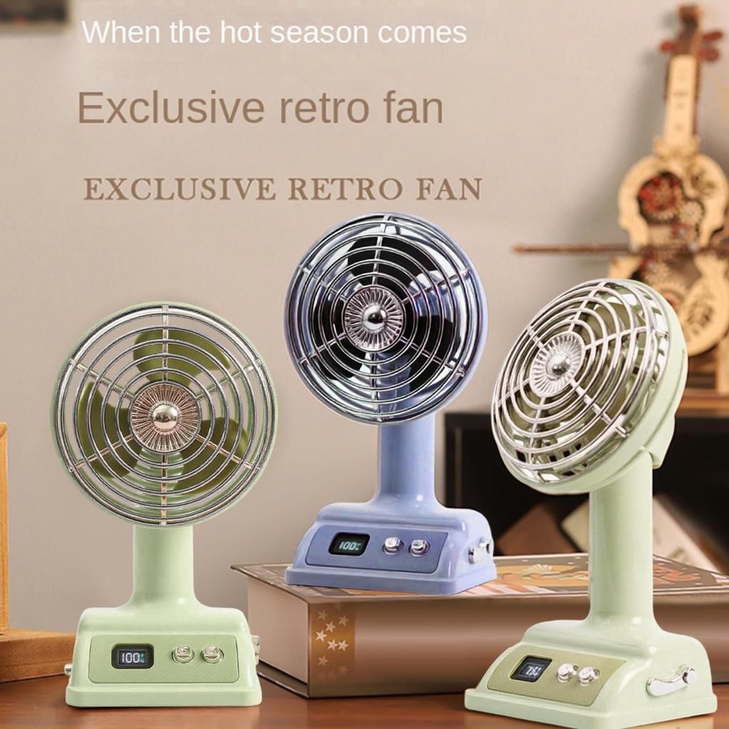 Desktop retro-style mini fan, 100 speed settings, digital display, rechargeable, adjustable, suitable for outdoor use, camping