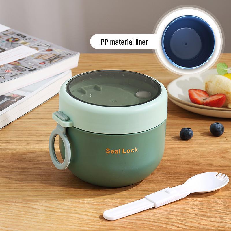 304 Stainless Steel Insulated Breakfast Cup with Lid & Spoon - Large Capacity for Porridge, Oatmeal, Milk; Portable for Students & Office Workers