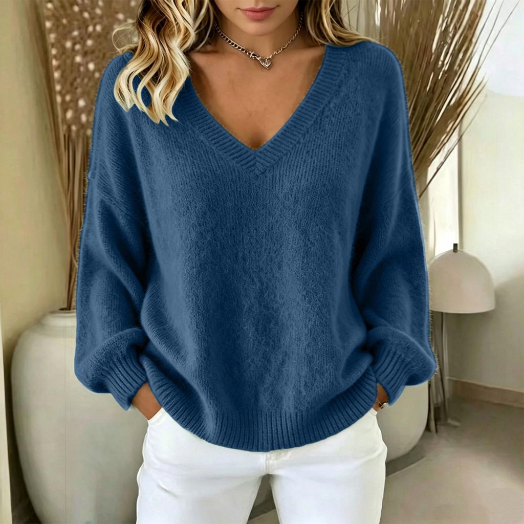 Women's Fashion Color Neck Long Sleeve Loose Fit Pullover Knit Sweater Top