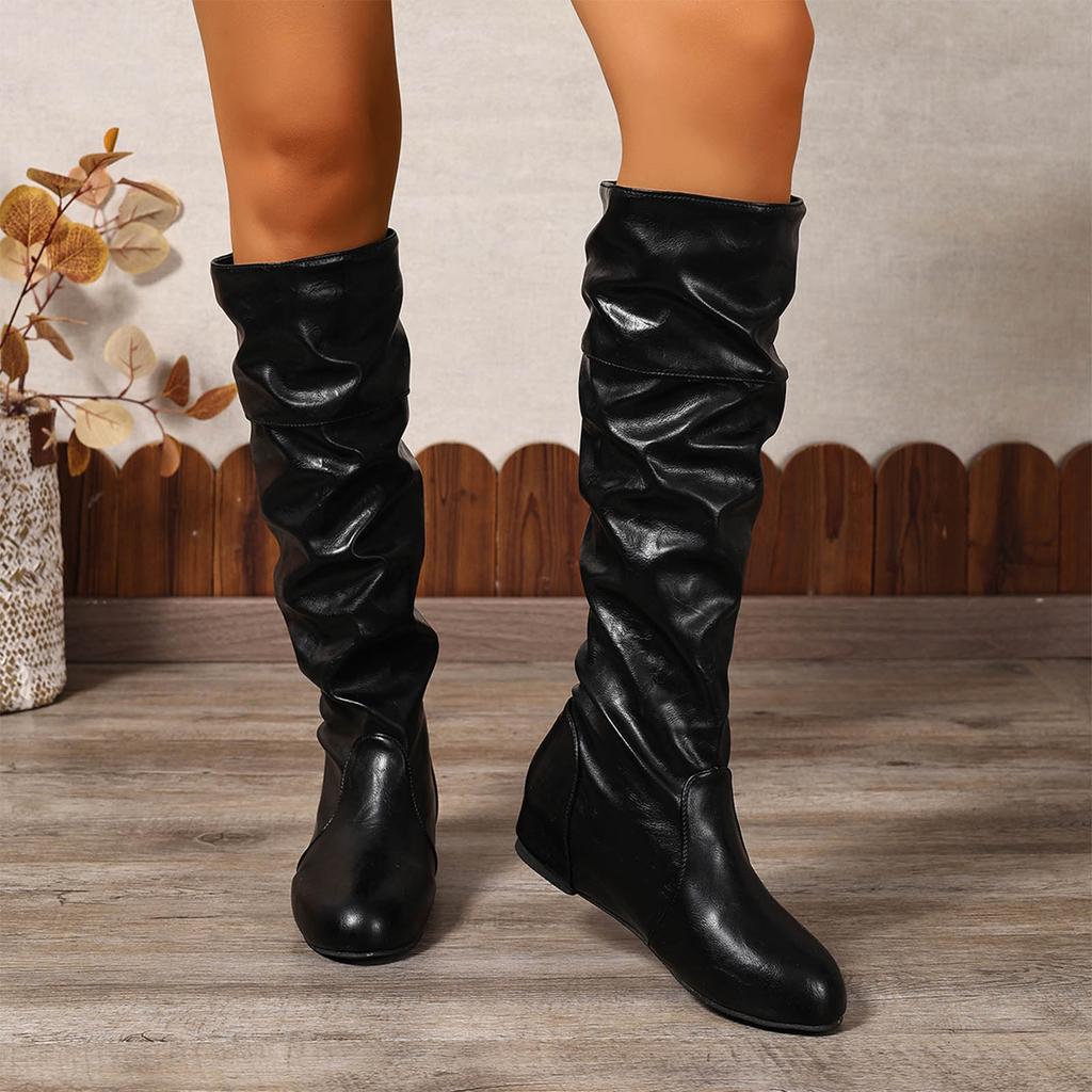 Damen kniehohe Keilstiefel Damen kniehohe Stiefel Runde Spitze Weite Wade zum Hineinschlüpfen Klobige Reitstiefel Für Schuhe Für Damen