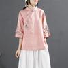 Women S Retro Cotton Linen Shirt With Stand Collar Embroidery Summer Top